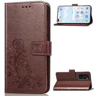 For Huawei P40 Four-leaf Clasp Embossed Buckle Mobile Phone Protection Leather Case with Lanyard & Card Slot & Wallet & Bracket Function(Brown)