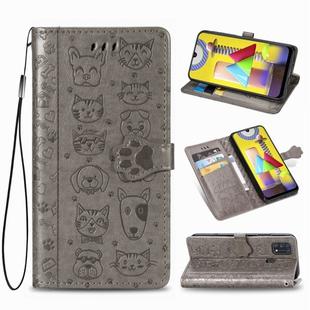 For Galaxy M31 Cute Cat and Dog Embossed Horizontal Flip Leather Case with Bracket / Card Slot / Wallet / Lanyard(Gray)