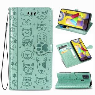 For Galaxy M31 Cute Cat and Dog Embossed Horizontal Flip Leather Case with Bracket / Card Slot / Wallet / Lanyard(Green)