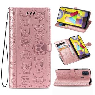 For Galaxy M31 Cute Cat and Dog Embossed Horizontal Flip Leather Case with Bracket / Card Slot / Wallet / Lanyard(Rose Gold)