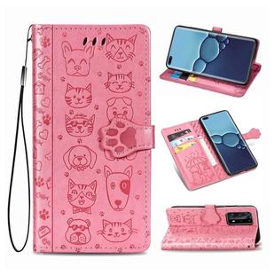 For Huawei P40 Pro Cute Cat and Dog Embossed Horizontal Flip Leather Case with Bracket / Card Slot / Wallet / Lanyard(Pink)