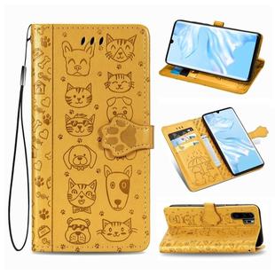 For Huawei P30 Pro Cute Cat and Dog Embossed Horizontal Flip Leather Case with Bracket / Card Slot / Wallet / Lanyard(Yellow)