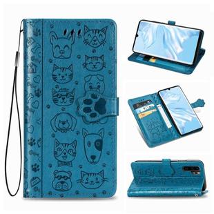 For Huawei P30 Pro Cute Cat and Dog Embossed Horizontal Flip Leather Case with Bracket / Card Slot / Wallet / Lanyard(Blue)
