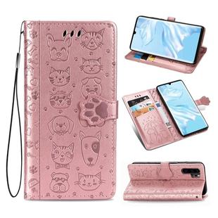 For Huawei P30 Pro Cute Cat and Dog Embossed Horizontal Flip Leather Case with Bracket / Card Slot / Wallet / Lanyard(Rose Gold)