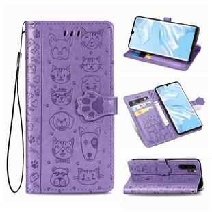 For Huawei P30 Pro Cute Cat and Dog Embossed Horizontal Flip Leather Case with Bracket / Card Slot / Wallet / Lanyard(Purple)