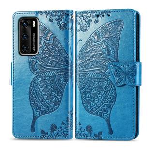 For Huawei P40 Butterfly Love Flower Embossed Horizontal Flip Leather Case with Bracket / Card Slot / Wallet / Lanyard(Blue)
