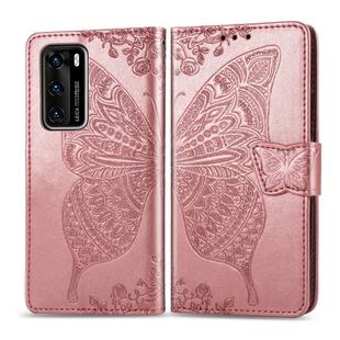 For Huawei P40 Butterfly Love Flower Embossed Horizontal Flip Leather Case with Bracket / Card Slot / Wallet / Lanyard(Rose Gold)