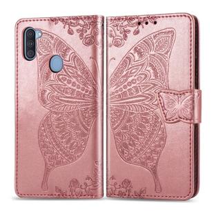 For Galaxy A11 Butterfly Love Flower Embossed Horizontal Flip Leather Case with Bracket / Card Slot / Wallet / Lanyard(Rose Gold)