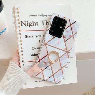 For Galaxy S20 Plating Colorful Geometric Pattern Mosaic Marble TPU Mobile Phone Case Rhinestone Stand Ring(White PR3)