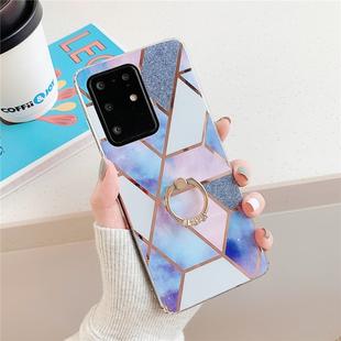 For Galaxy S20 Plating Colorful Geometric Pattern Mosaic Marble TPU Mobile Phone Case Rhinestone Stand Ring(Blue PR4)