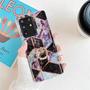 For Galaxy S20 Ultra Plating Colorful Geometric Pattern Mosaic Marble TPU Mobile Phone Case Rhinestone Stand Ring(Black PR6)