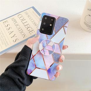 For Galaxy S20  Ultra Plating Colorful Geometric Pattern Mosaic Marble TPU Mobile Phone Case with Folding Bracket(Blue PF4)