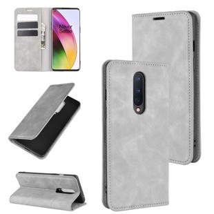 For OnePlus 8 Retro-skin Business Magnetic Suction Leather Case with Holder & Card Slots & Wallet(Grey)