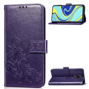 For Xiaomi Redmi Note 9S / Note 9 Pro/  Note 9 Pro Max Four-leaf Clasp Embossed Buckle PU Leather Case with Lanyard & Card Slot & Wallet & Holder(Purple)