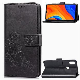 For Huawei Y6s (2019) Four-leaf Clasp Embossed Buckle PU Leather Case with Lanyard & Card Slot & Wallet & Holder(Black)