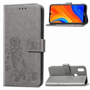 For Huawei Y6s (2019) Four-leaf Clasp Embossed Buckle PU Leather Case with Lanyard & Card Slot & Wallet & Holder(Gray)