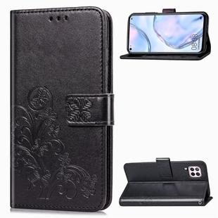 For Huawei P40 Lite / Nova 6 SE / Nova 7i Four-leaf Clasp Embossed Buckle PU Leather Case with Lanyard & Card Slot & Wallet & Holder(Black)