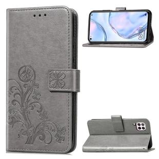 For Huawei P40 Lite / Nova 6 SE / Nova 7i Four-leaf Clasp Embossed Buckle PU Leather Case with Lanyard & Card Slot & Wallet & Holder(Gray)
