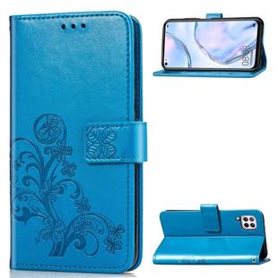 For Huawei P40 Lite / Nova 6 SE / Nova 7i Four-leaf Clasp Embossed Buckle PU Leather Case with Lanyard & Card Slot & Wallet & Holder(Blue)