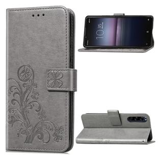 For Sony Xperia 1 II Four-leaf Clasp Embossed Buckle PU Leather Case with Lanyard & Card Slot & Wallet & Holder(Gray)