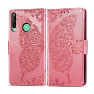 For Huawei Y7P Butterfly Love Flower Embossed Horizontal Flip Leather Case with Bracket / Card Slot / Wallet / Lanyard(Pink)