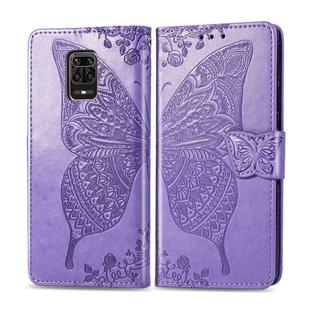 For Xiaomi Redmi Note 9S/Note 9 Pro/Note 9 Pro Max Butterfly Love Flower Embossed Horizontal Flip Leather Case with Bracket / Card Slot / Wallet / Lanyard(Light Purple)