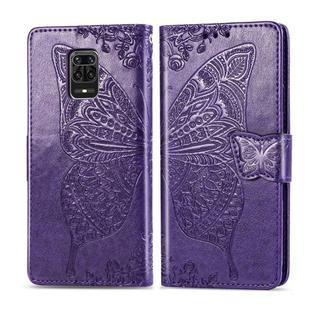 For Xiaomi Redmi Note 9S/Note 9 Pro/Note 9 Pro Max Butterfly Love Flower Embossed Horizontal Flip Leather Case with Bracket / Card Slot / Wallet / Lanyard(Dark Purple)