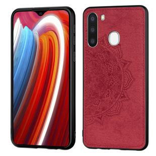 For Galaxy A21  Mandala Embossed Cloth Cover PC + TPU Mobile Phone Case with Magnetic Function and Hand Strap(Red)