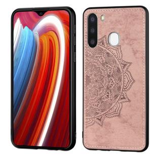 For Galaxy A21  Mandala Embossed Cloth Cover PC + TPU Mobile Phone Case with Magnetic Function and Hand Strap(Rose Gold)