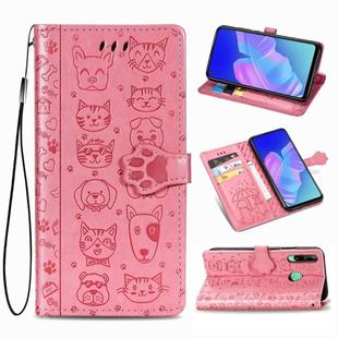 For Huawei Y7P Cute Cat and Dog Embossed Horizontal Flip Leather Case with Bracket / Card Slot / Wallet / Lanyard(Pink)