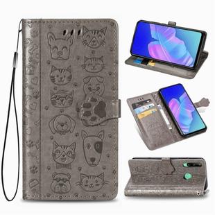 For Huawei Y7P Cute Cat and Dog Embossed Horizontal Flip Leather Case with Bracket / Card Slot / Wallet / Lanyard(Gray)