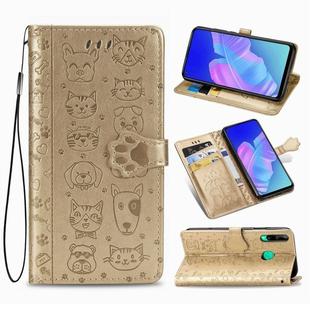 For Huawei Y7P Cute Cat and Dog Embossed Horizontal Flip Leather Case with Bracket / Card Slot / Wallet / Lanyard(Gold)