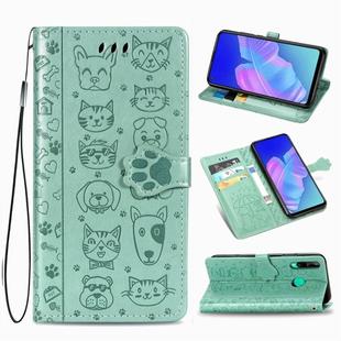 For Huawei Y7P Cute Cat and Dog Embossed Horizontal Flip Leather Case with Bracket / Card Slot / Wallet / Lanyard(Green)