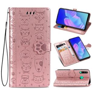 For Huawei Y7P Cute Cat and Dog Embossed Horizontal Flip Leather Case with Bracket / Card Slot / Wallet / Lanyard(Rose Gold)
