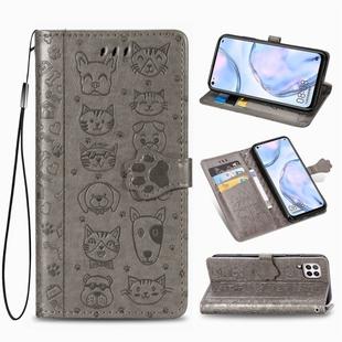 For Huawei P40 Lite/Nova 7i/Nova 6se Cute Cat and Dog Embossed Horizontal Flip Leather Case with Bracket / Card Slot / Wallet / Lanyard(Gray)