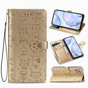 For Huawei P40 Lite/Nova 7i/Nova 6se Cute Cat and Dog Embossed Horizontal Flip Leather Case with Bracket / Card Slot / Wallet / Lanyard(Gold)