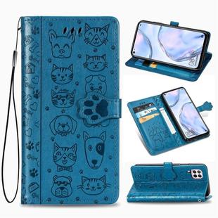 For Huawei P40 Lite/Nova 7i/Nova 6se Cute Cat and Dog Embossed Horizontal Flip Leather Case with Bracket / Card Slot / Wallet / Lanyard(Blue)