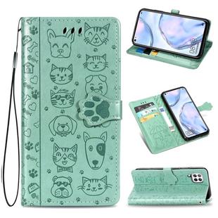 For Huawei P40 Lite/Nova 7i/Nova 6se Cute Cat and Dog Embossed Horizontal Flip Leather Case with Bracket / Card Slot / Wallet / Lanyard(Green)