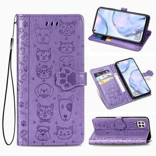 For Huawei P40 Lite/Nova 7i/Nova 6se Cute Cat and Dog Embossed Horizontal Flip Leather Case with Bracket / Card Slot / Wallet / Lanyard(Purple)