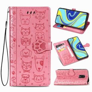 For Xiaomi Redmi Note 9S/Note 9 Pro/Note 9 Pro Cute Cat and Dog Embossed Horizontal Flip Leather Case with Bracket / Card Slot / Wallet / Lanyard(Pink)