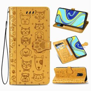 For Xiaomi Redmi Note 9S/Note 9 Pro/Note 9 Pro Cute Cat and Dog Embossed Horizontal Flip Leather Case with Bracket / Card Slot / Wallet / Lanyard(Yellow)