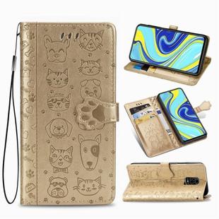 For Xiaomi Redmi Note 9S/Note 9 Pro/Note 9 Pro Cute Cat and Dog Embossed Horizontal Flip Leather Case with Bracket / Card Slot / Wallet / Lanyard(Gold)