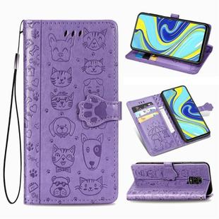 For Xiaomi Redmi Note 9S/Note 9 Pro/Note 9 Pro Cute Cat and Dog Embossed Horizontal Flip Leather Case with Bracket / Card Slot / Wallet / Lanyard(Purple)