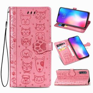 For Xiaomi 9 Se Cute Cat and Dog Embossed Horizontal Flip Leather Case with Bracket / Card Slot / Wallet / Lanyard(Pink)