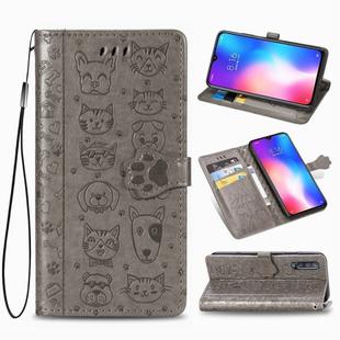 For Xiaomi 9 Se Cute Cat and Dog Embossed Horizontal Flip Leather Case with Bracket / Card Slot / Wallet / Lanyard(Gray)