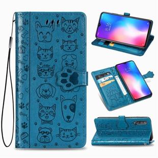 For Xiaomi 9 Se Cute Cat and Dog Embossed Horizontal Flip Leather Case with Bracket / Card Slot / Wallet / Lanyard(Blue)