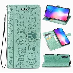 For Xiaomi 9 Se Cute Cat and Dog Embossed Horizontal Flip Leather Case with Bracket / Card Slot / Wallet / Lanyard(Green)