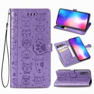 For Xiaomi 9 Se Cute Cat and Dog Embossed Horizontal Flip Leather Case with Bracket / Card Slot / Wallet / Lanyard(Purple)