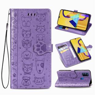 For Galaxy M30S Cute Cat and Dog Embossed Horizontal Flip Leather Case with Bracket / Card Slot / Wallet / Lanyard(Purple)