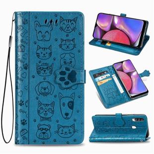 For Galaxy A20S Cute Cat and Dog Embossed Horizontal Flip Leather Case with Bracket / Card Slot / Wallet / Lanyard(Blue)